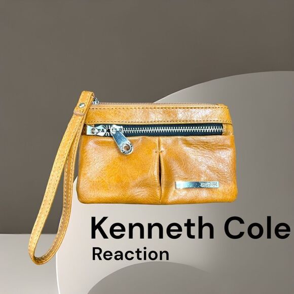 Kenneth Cole Reaction Bags l Camel Brown Leather l Wristlet Wallet l Double Zip - Picture 1 of 9